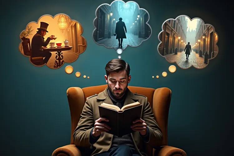 A reader sitting in a chair with multiple thought bubbles above showing themselves walking through Wonderland, Victorian London, and Dracula's castle