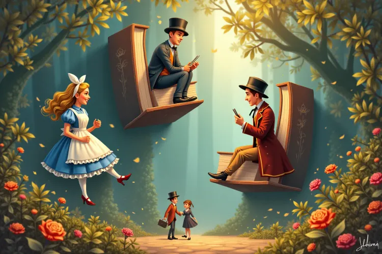 Classic book characters stepping out of their books into a shared playground where they can interact