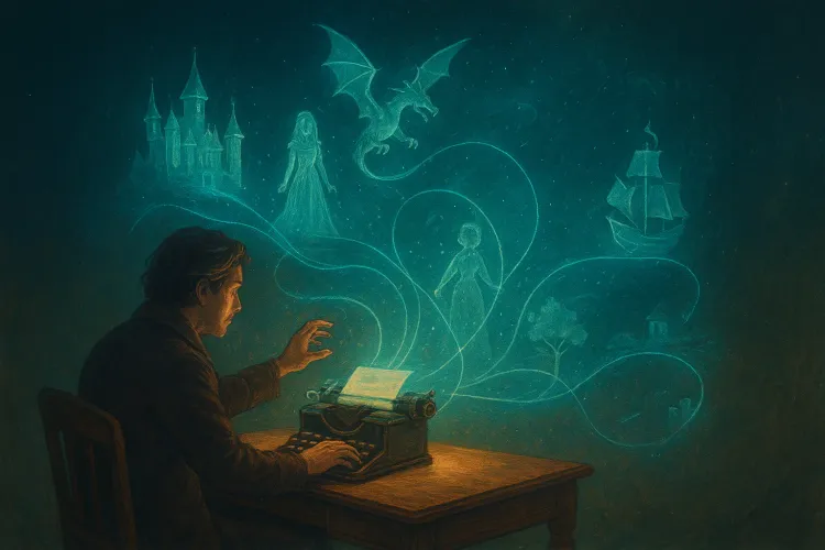 An author at a desk where instead of writing linear pages, they're creating a three-dimensional story space with floating narrative elements