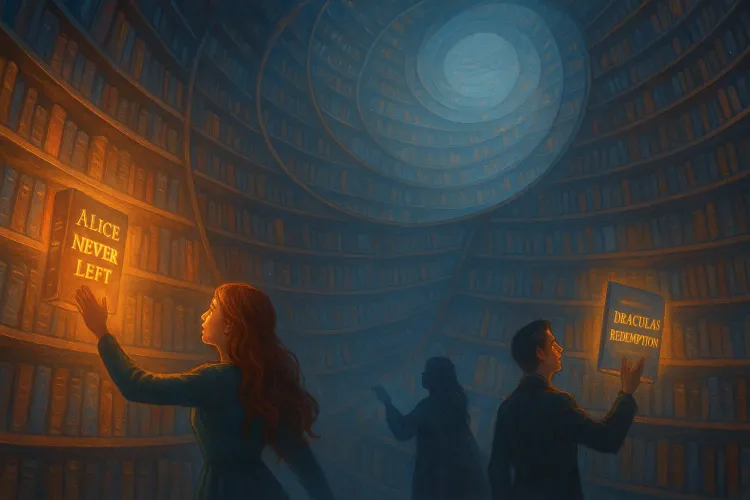 A library with infinite shelves, each containing a different player's unique version of classic stories