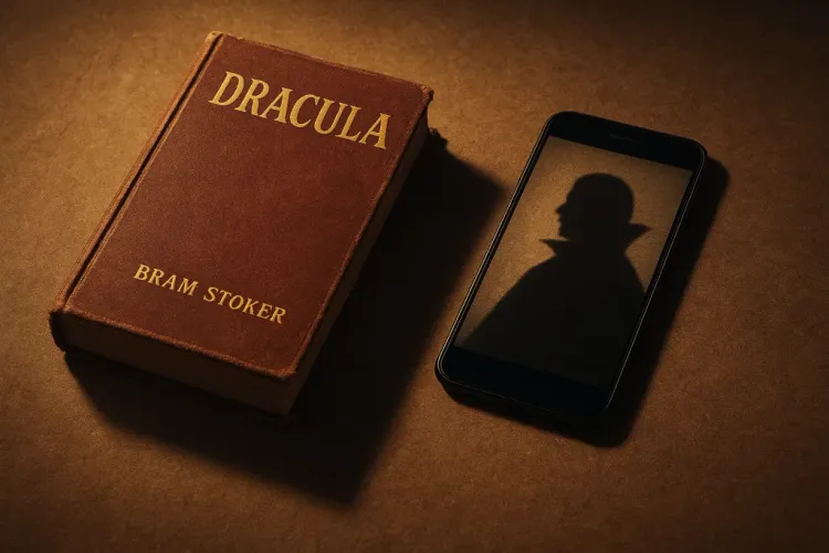 Bram Stoker's Dracula next to a modern phone with a silhouette of Dracula on the screen